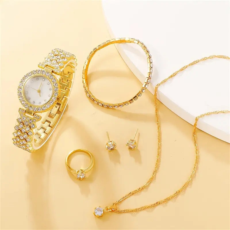 6 PCs Set Luxury Watch Ring Necklace Earring Rhinestone Casual for Ladies