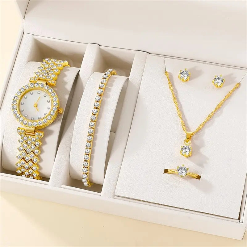 6 PCs Set Luxury Watch Ring Necklace Earring Rhinestone Casual for Ladies