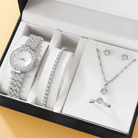 6 PCs Set Luxury Watch Ring Necklace Earring Rhinestone Casual for Ladies